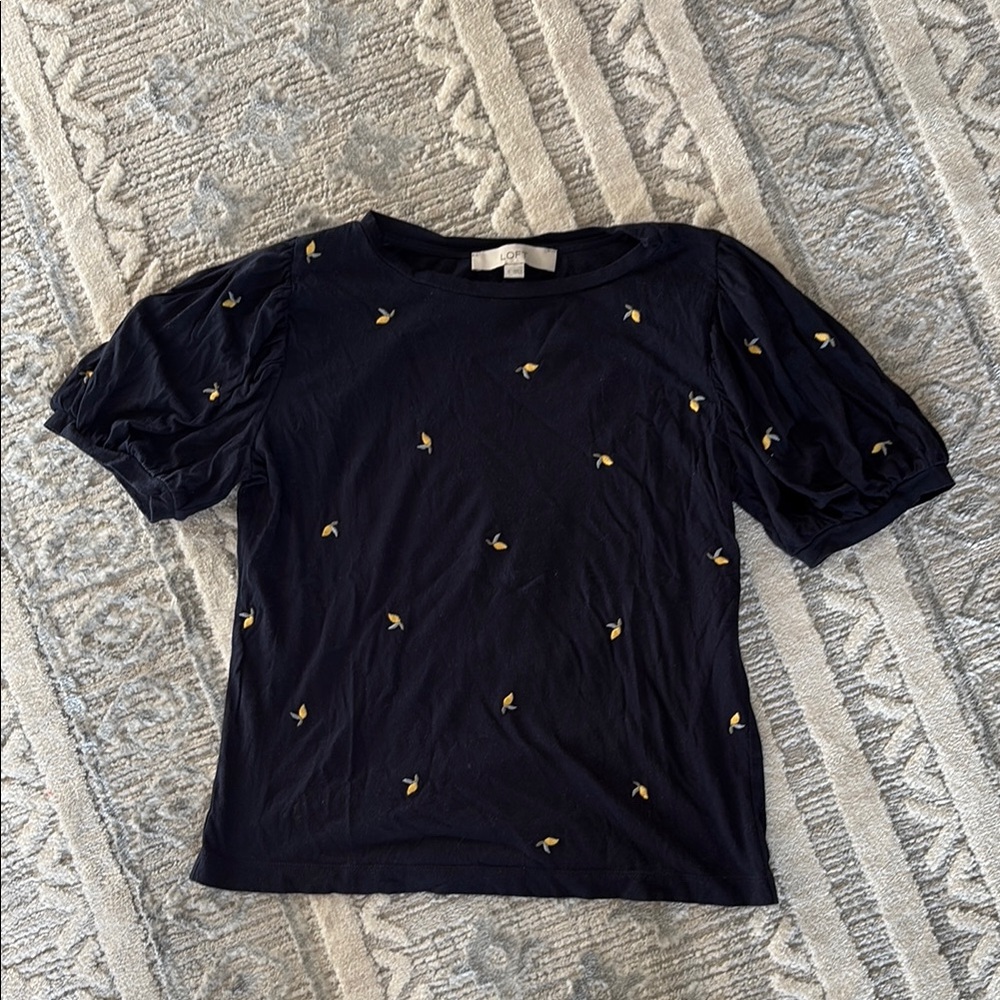 Women's Navy Top with Embroidered Lemons